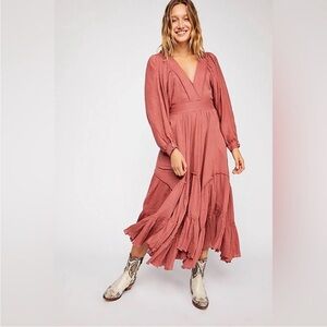 Free People I Need to Know Boho Gauzy Flowy Tiered Maxi Dress Pockets Pink XS